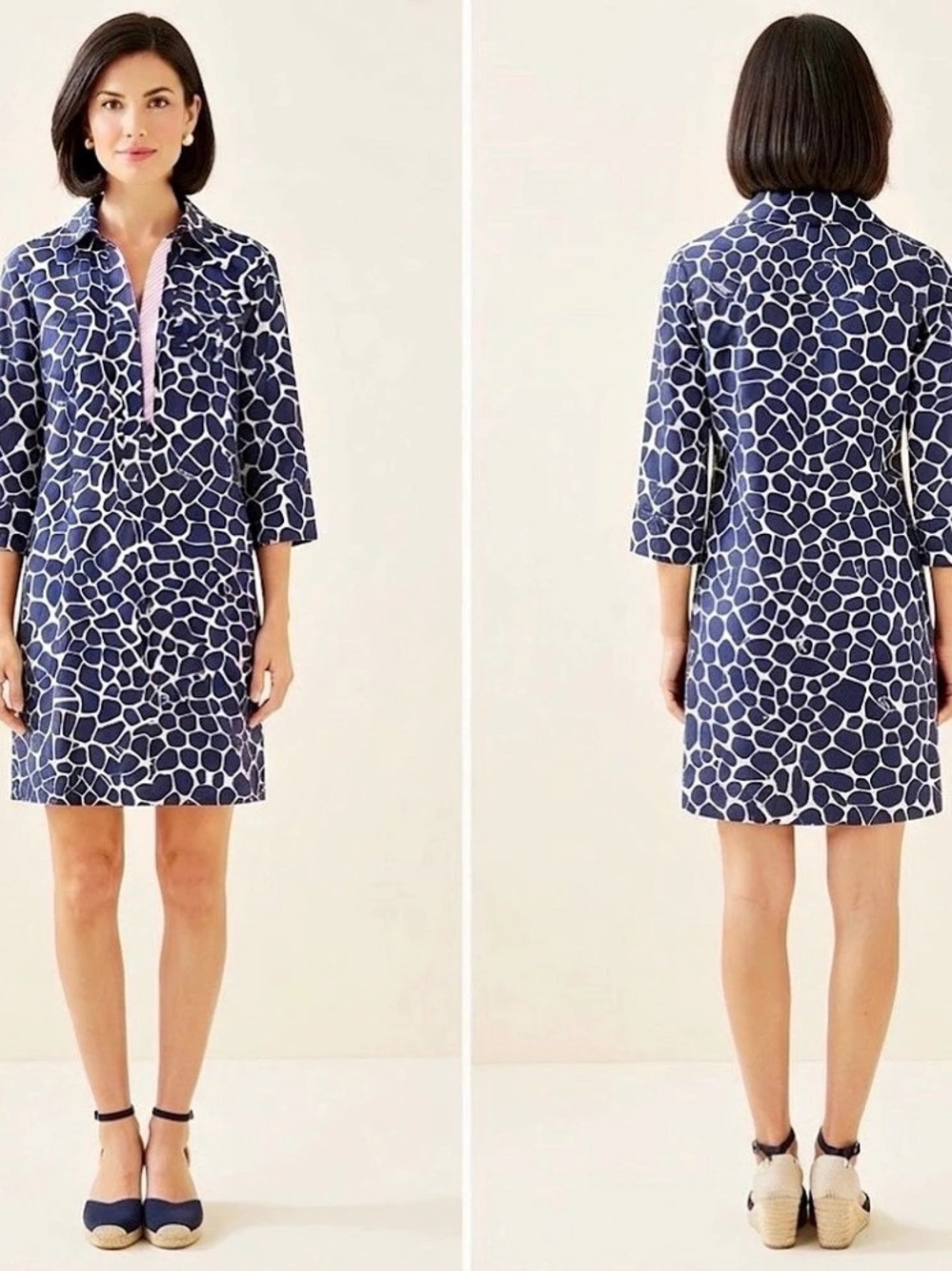 Lilly Pulitzer Navy Giraffe Print Shirt Dress Blue & White Size 10